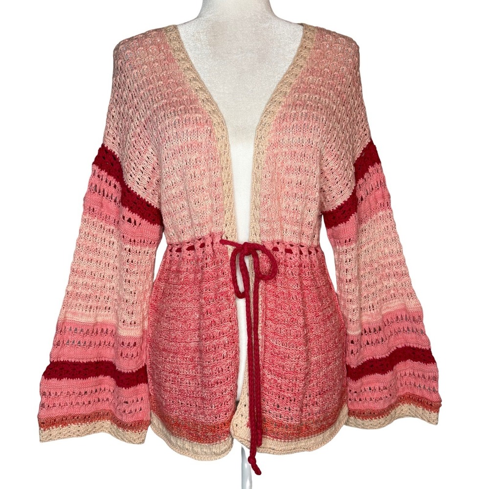 Sundance Catalog Crochet Tie‎ Cardigan Pink Small 100% Cotton Bell Sleeve $158